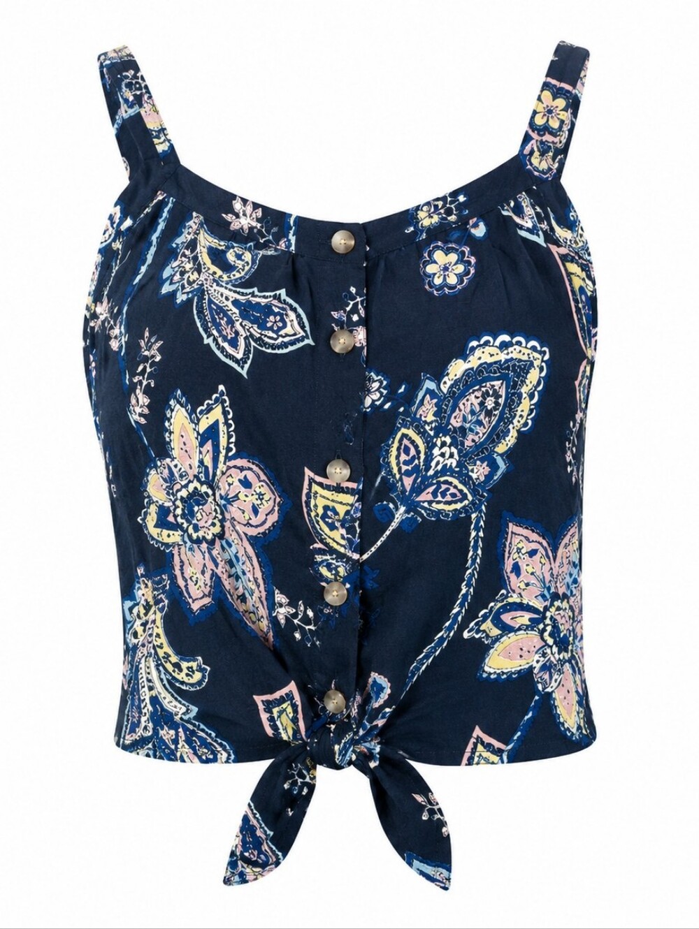 NWT Reitmans Linen Blend Navy Floral Tie Front Women's Casual Top Size M